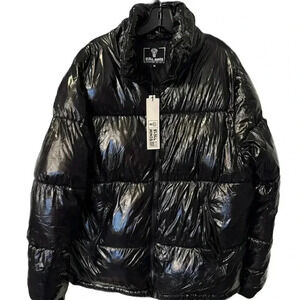 NWT Rebel Minds Unisex Black Zip Hooded Puffer Jacket Coat High Gloss Sz M